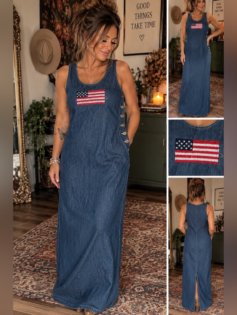 Lindsey Michelle Vintage Denim Maxi Dress Size S American Flag 90s Mom Americana